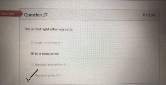 Incorrect Question 17 0/2 pts The period right after you eat is Oshort-term fasting O long-term fasting O the post-absorptive
