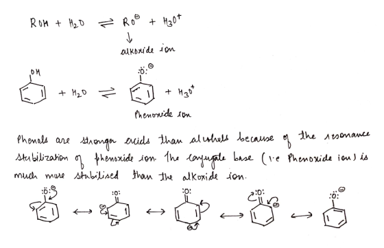ROH + H₂O ² Roo + H307 alkonide ion II + H₂O ² Fil + H 30t Phenoxide son Phenols are stronger evids than alcohues because of