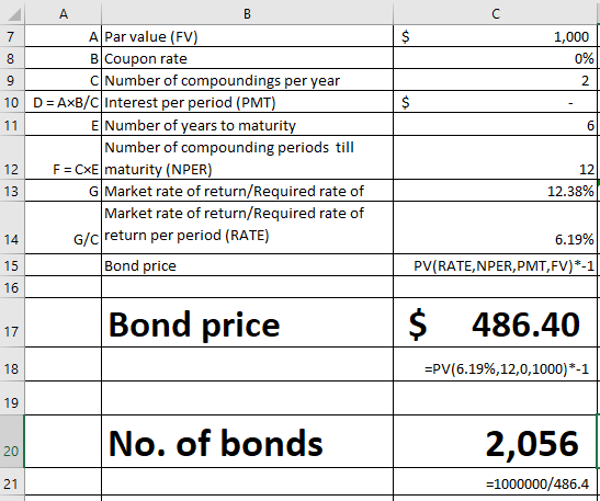 00 7 $ 1,000 0% 8 2 $ 11 6 А A Par value (FV) B Coupon rate 9 C Number of compoundings per year 10 D=AxB/C Interest per perio
