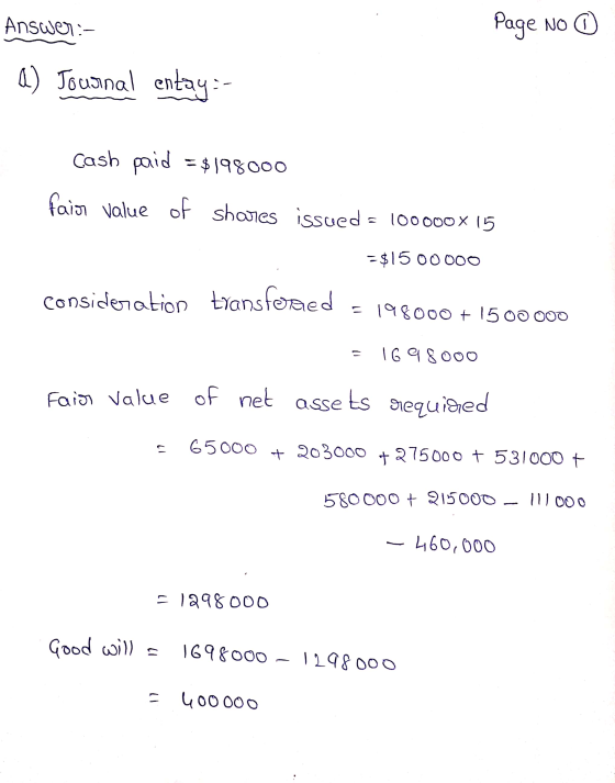 Page No ① Answer: a) Journal entay- Cash paid = $198000 faiz Value of shares issued = 100000 x 15 = $1500000 consideration tr