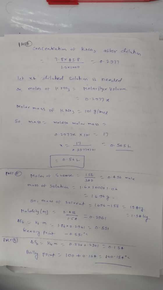 Phon concentration of knco, after clilchan - 7.8% 45.2 1.2x1600 - 0.2977 let ut diluted solution is needed so moles or kHo₂ =