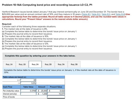 Problem 10-1AA Computing bond price and recording issuance LO C2, P1 Hartford Research issues bonds dated January 1 that pay
