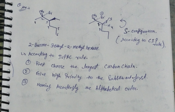 E BY para os continent rule Hy v S- configuration According to CI Pule! 2-Bromo - 3-ethyl-2-methyl hexane. y According to TUP