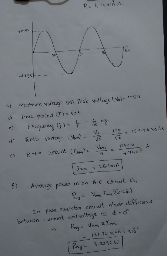 R = 4.74x10r +1750 160 -1750t - - a) b) c) d) e) Maximum voltage con Peak voltage (Vol= 175v. Time porod (T) = 608 Frequency