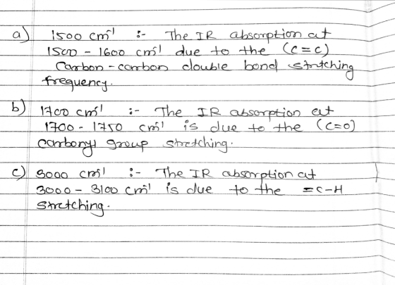 al 15oo em - The IR absorption at 1500 - 1600 ml due to the (c=c) Carbon - combon double bond stortching frequency. 1700 cm -