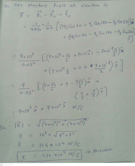 09x3 + x10x1 So het electric field at centen is E É - E, LE 12 [(191Cos 30 – 9. Cos 180 - Cos 180 - 93 2083305 45 to 9 Sin 18