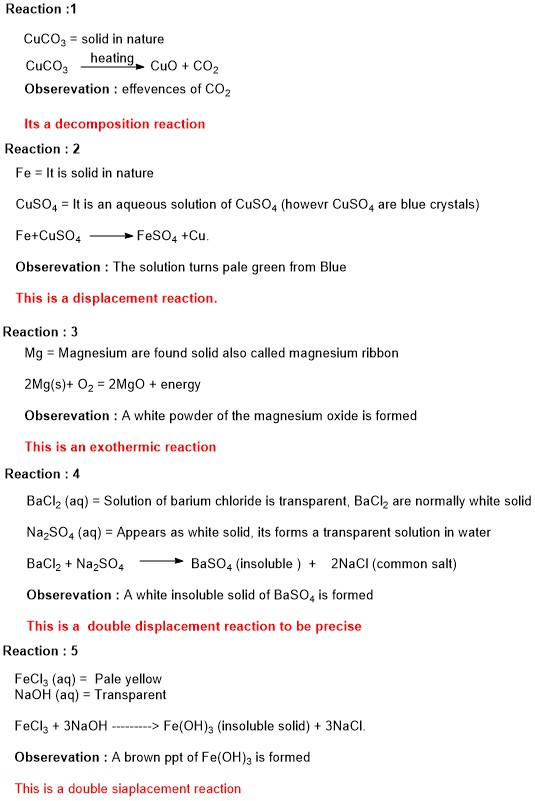 Reaction : 1 CuCoz = solid in nature Cuco, heating, CuO + CO2 Obserevation : effevences of CO2 Its a decomposition reaction R