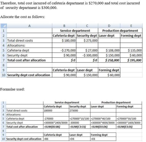 Therefore, total cost incurred of cafeteria department is $270,000 and total cost incurred of security department is $300,000