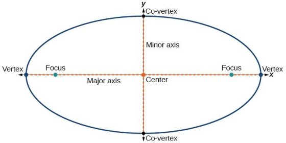 у Co-vertex Minor axis Vertex Focus Focus Vertex X Major axis Center Co-vertex