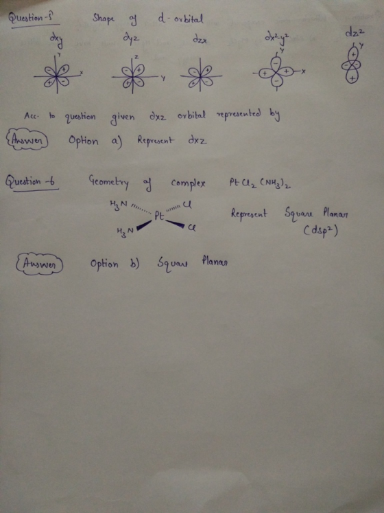 Question-s 7 dy Shape of dyz d-orbital - dzx port Acc. to question {Answer Option given dxz orbital represented by a) Represe
