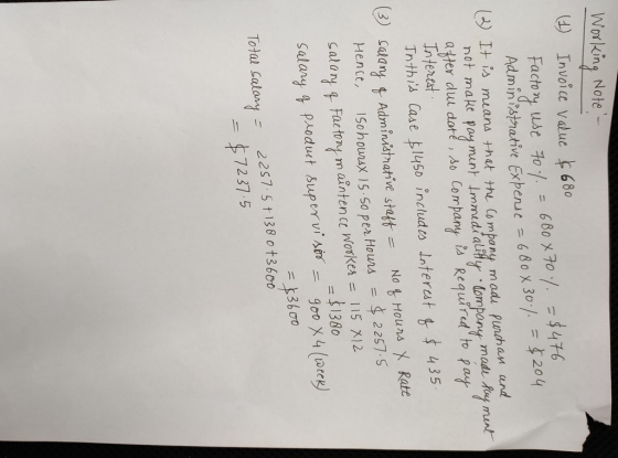 Working Note - (1) Invoice value $600 Factory use 70% = 680 x 70% = $476 Administrative Expenie = 680 X 300%. = $204 (2) It i