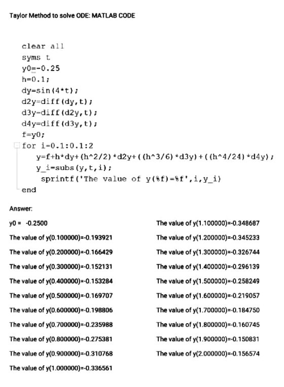 Taylor Method to solve ODE: MATLAB CODE clear all symst yO=-0.25 h=0.1; dy-sin(4*t); d2y=diff (dy,t); d3y=diff (d2y,t); d4y=d