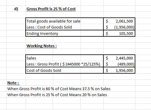d) Gross Profit is 25 % of Cost Total goods available for sale Less: Cost of Goods Sold Ending Inventory $ $ $ 2,061,500 (1,9