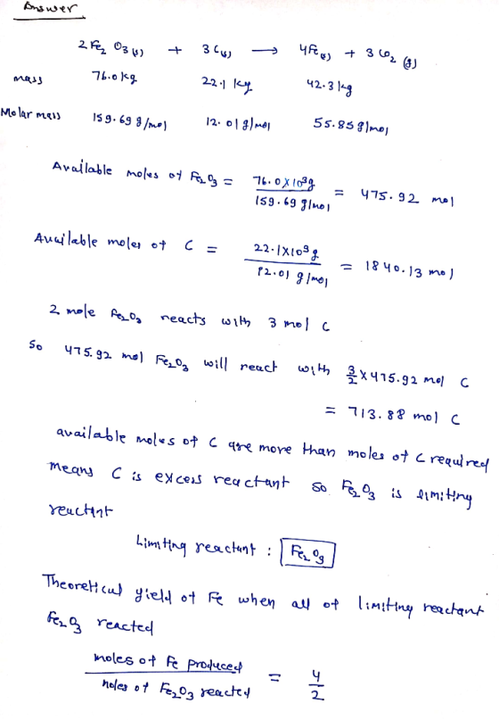Answer + 2Fx 036) - 76.0kg 360 - 4f 5) + 36 (9) mas 22.1kg 42.3kg Molar mais 159.699/mo) 12.018/ moi 55.858)moj Available mol