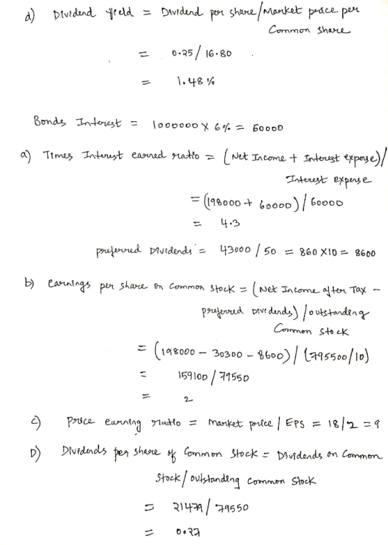 . d) Dividend feeld = Devedend per share / Market price per Common share 0.25 / 16.80 = - 1.48% Bonds Interest = 10ooooo X 6%