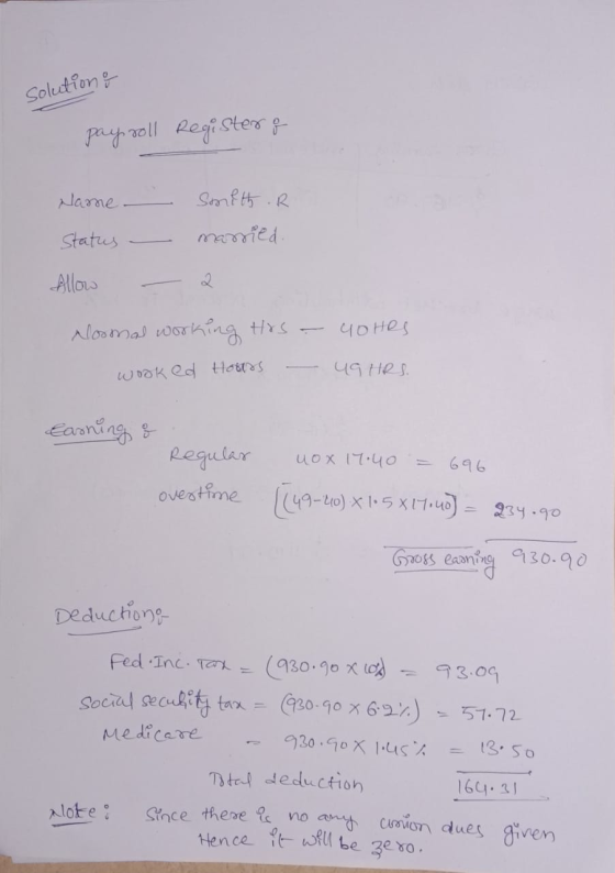 solution pay roll Registero Name Status - Smith .R married. Allow - 2 Moomal working His – 40 Hes wook ed Hosts - U9 HRS. Ear