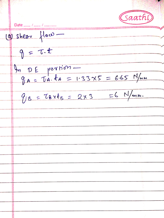 Gaathi) Date of (a) shear flow - q = Tot In De portion - qA = TA. TA = 1.33*5 = 6.65 mm qB = TB XdB = 2x3 =6 N/mm. mm