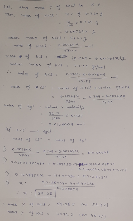 Let the mass f. of Nach be a yo Then, mass of Nach = n % of 0.769 g - 76 x 0.769 g = 0.007694 g molar mass of Nace = 58.44g .
