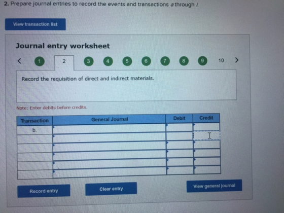 2. Prepare journal entries to record the events and transactions a through View transaction list Journal entry worksheet 1 10