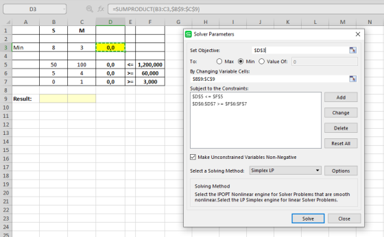 @fx D3 A =SUMPRODUCT(B3:03,$B$9:$C$9) D E F G B C H I J K L M N S Solver Parameters Min 30,0 50531 100 0,0 Value Of: 0 0,0 0,