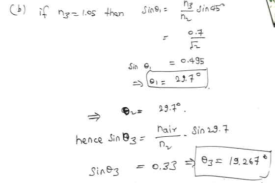 (b) if n3=1.05 then sind, = 13 sin 45 Sin e = 0,495 (61= 29.7° = Oxs 29.7° nair hence Sin 23= 1 Sin 29.7 sings = 0,33 => 03=