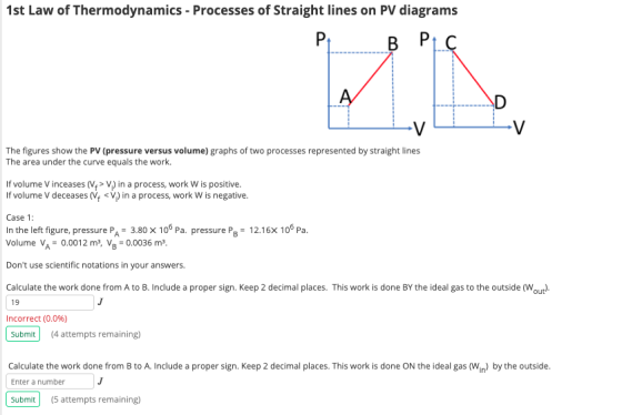 1st Law of Thermodynamics - Processes of Straight lines on PV diagrams MIN B PtC -V -V The figures show the PV (pressure vers