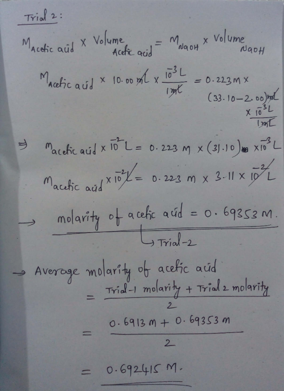 Trial 2: NaOH Acetic and X Volume Acetic acid WooH x Volume Acetic aid x 10.00ml x 103 = 0.223m Int (33.10-2.00) x 103L in &