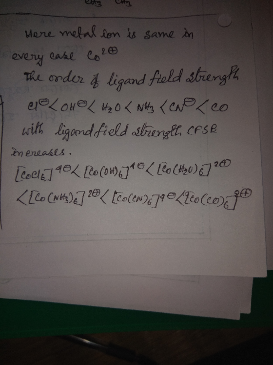 Here metal ion is same in every ease co 20 The onder if ligand field strength aloHL H₂OK NA CND (co with ligand field strengt