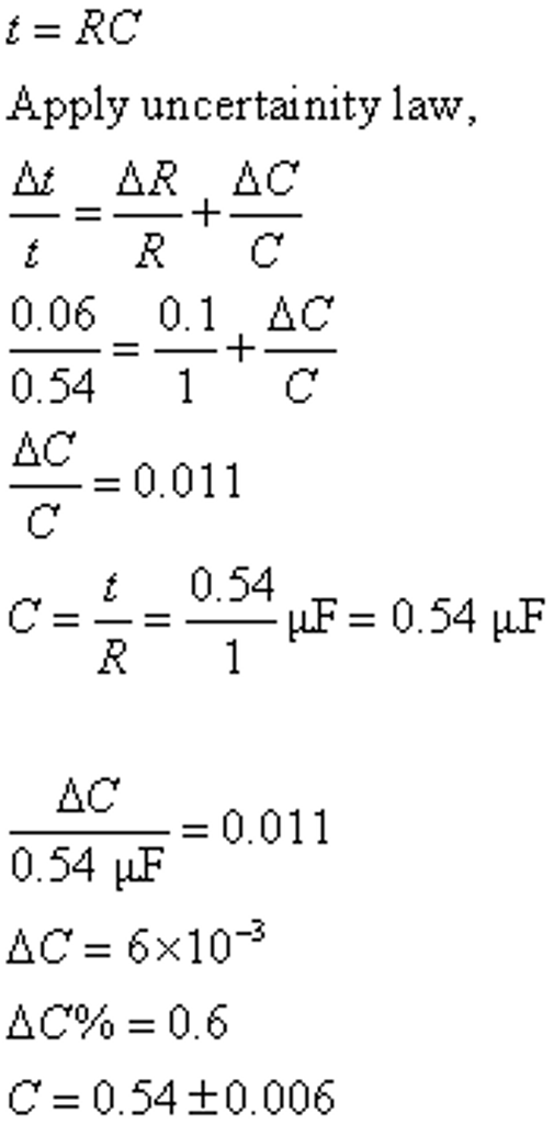 Apply uncertainity law, t RC 0.06 0.1 ΔC 0.54 1 C -0.011 t 0.54 R 1 AC AC 0.54 HF AC 6x10-3 = 0.011 C-0.54+0.006