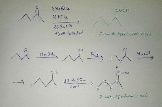 애 is Na BH4 2) PC I3 3) Na CN 4) dil H₂SO4, heat 2-methylpentanoic acid OH i Rock, Na CN i Nolites M in allen . C-OH dil H₂SO