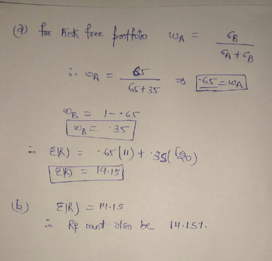 (2) for Risk free footfolio WA = 6B SA+GB i LOA = 65 A 65+35 & [65 = 10A OB = 1.65 op - 35 - ER) = -65 (+ .3g(20) TER) = 14.1