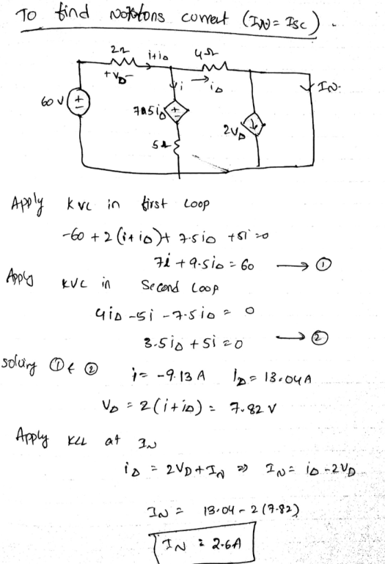 To find notions correct (I= Isc). VID Gov♡ 7051 Apply Apply Kro in first Loop -60 +2 (i+10 )+ 7510 tsizo 72 +9.510 -60 -> Kve