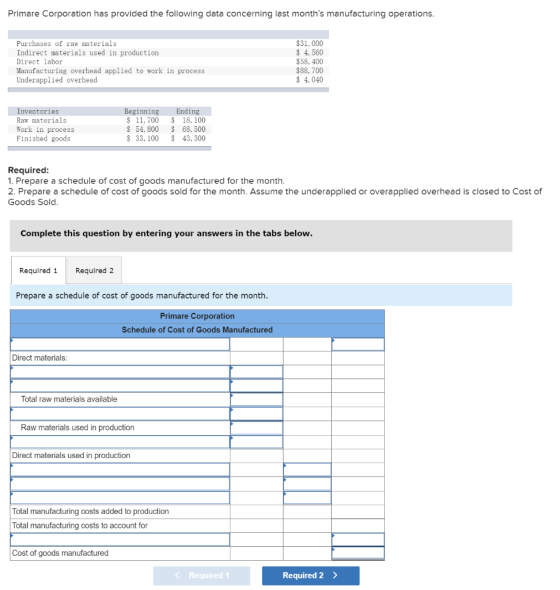 Primare Corporation has provided the following data concerning last months manufacturing operations. Purchases of raw materi