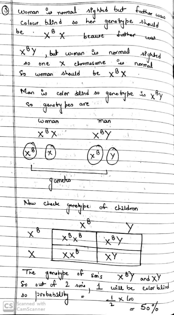 er was woman is normal sighted but father, colour blind so her genotype should be x B x beaue father was 1 x By but woman is