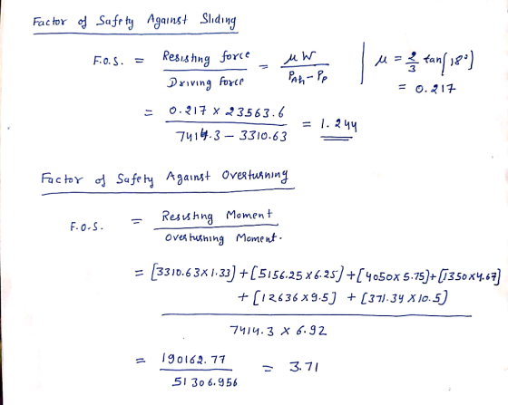 Factor of Safety Against Sliding Fo.s. = Resishing force - ww Driving force PAL-Pp = 0.217 x 23563.6 74164.3 – 3310.63 us of