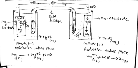 salt i zn-electode Mg - bridge electrode I 7» Mgt antar) E - Anode (-) oxidation takes place Cathode (+) Reduction takes plac