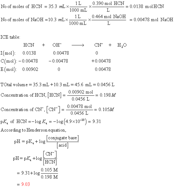 1L 0.390 mol HCN No of moles of HCN = 35.3 mLx 0.0138 mol HCN ML * 1000 mL * 0.464 mol NaOH No of moles of NaOH =10.3 mLX --