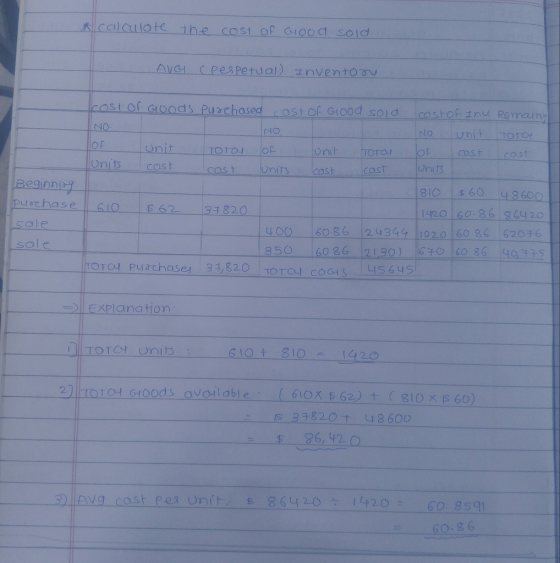 * calculate the cost of Good sold AVG (pespetual) Inventory cost of Goods purchased Ost of Good sold NO cost of iny Remains N