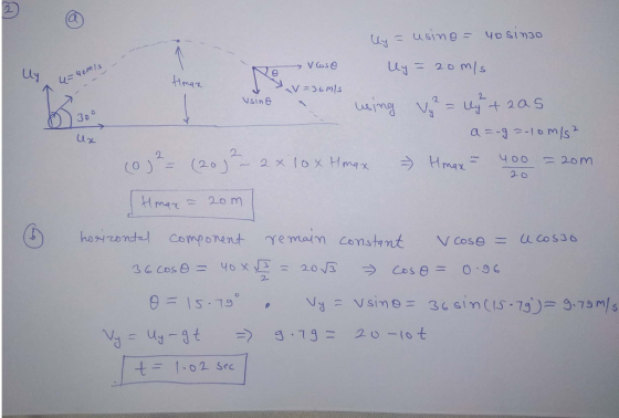ż ly ut u=40ms V=36mls ly= using = no sino hevose ny=20m/s using z = y + zas a=-g=10m/s² (0)² = (203² – 2 x 10 x Hmax Hmax -