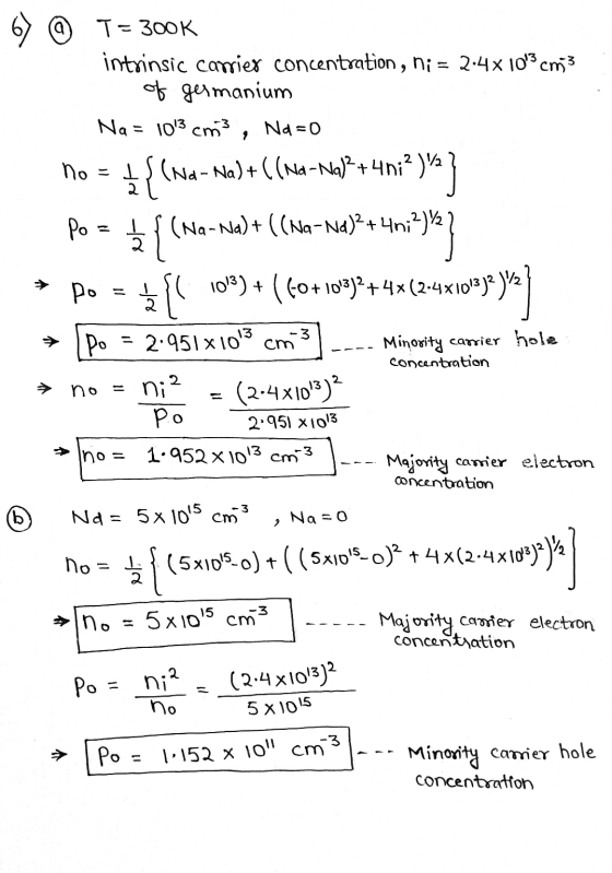 T= 300K intrinsic carrier concentration, ni = 2.4x 103 cm3 of germanium Na = 103 cm3 Na=o no = I $ (Na-Na) +((Na-Na)?+4n;?)