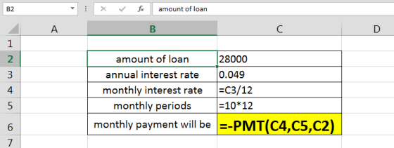 amount of loan B2 В C 1 28000 amount of loan 0.049 annual interest rate 3 ЕС3/12 monthly interest rate 4 monthly periods - 10