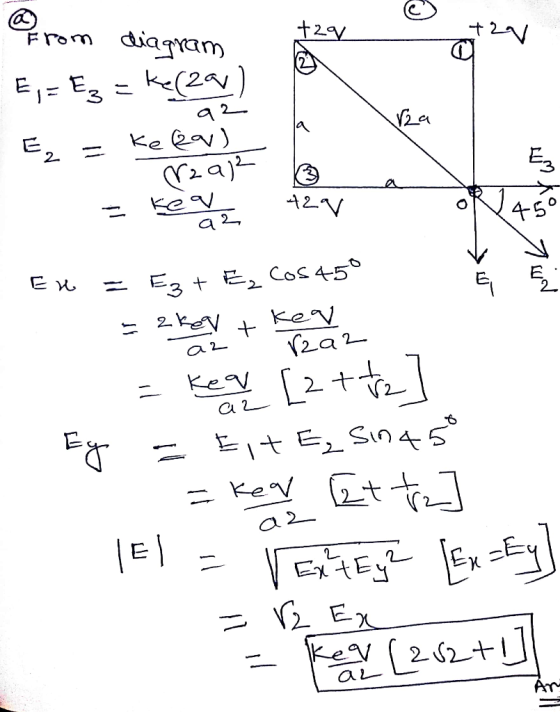 atzv +29 from diagram +20 E = E3=ke (29) Ez = ke@av) Tza)? 3 = tega +2V 92 a En = Ezt Ez cos 45° =zkov + kea a r2 B = keer [2