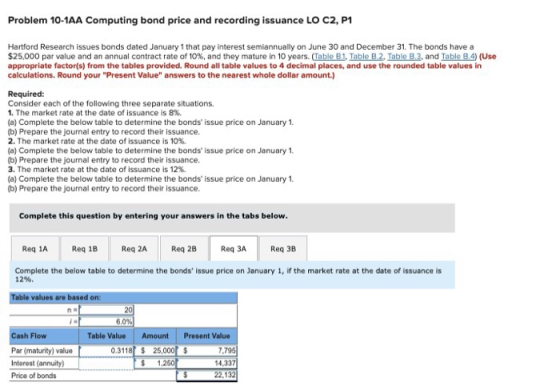 Problem 10-1AA Computing bond price and recording issuance LO C2, P1 Hartford Research issues bonds dated January 1 that pay