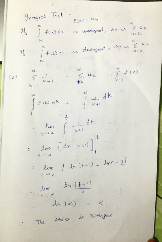 Integral Test :- fon)= an is convergent, so is of s f(x) dx E an nok so is E an 94 nok I f(x) dx is dwergent, 8 W (a) E ak E