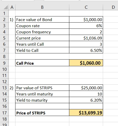 ДА В 1 $1,000.00 6% 2 1) Face value of Bond Coupon rate Coupon frequency Current price Years until Call Yield to Call $1,036.