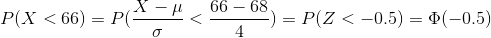 P(X<66)=P(\frac{X-\mu}{\sigma}<\frac{66-68}{4})=P(Z<-0.5)=\Phi(-0.5)