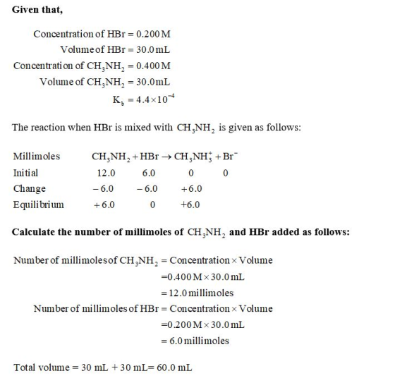 Given that, Concentration of HBr = 0.200 M Volume of HBr = 30.0 mL Concentration of CH NH, = 0.400 M Volume of CH NH, = 30.0m