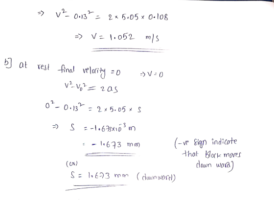 => v² 0.13² = 2x5.05x00108 =) v = 1.052 m/s b) at rest final velocity =o =) = 0 B v² Vo² = 2as 0?-0.13? = 2 x 5.05% S - s =-1