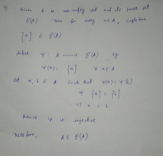 and its power set Given -enfty set be no PA). af A, single fome for de fine Y: 4 (a)= V af A let a, 6 E A Y(a)= 4B) Su ch tha
