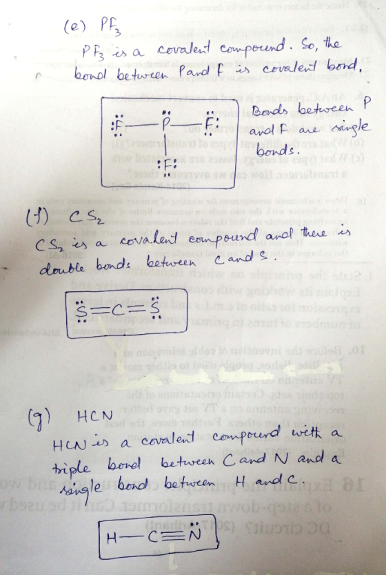 (e) PF :F bonds F: dlouble bonds betveen e and s (G) HCN HCN w) a cove、lad triple compound are扶 bonel betureeh Cand N and a H